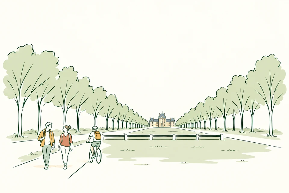Illustration de l’avenue Albine à Maisons-Laffitte, avec des promeneurs, un cycliste et le château